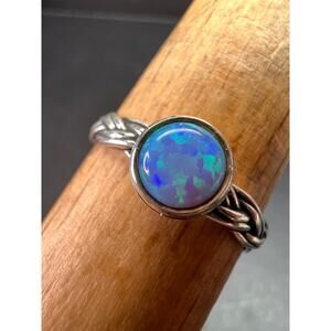 Sterling Silver Braided Band Ring with Lab Opal – Size 9